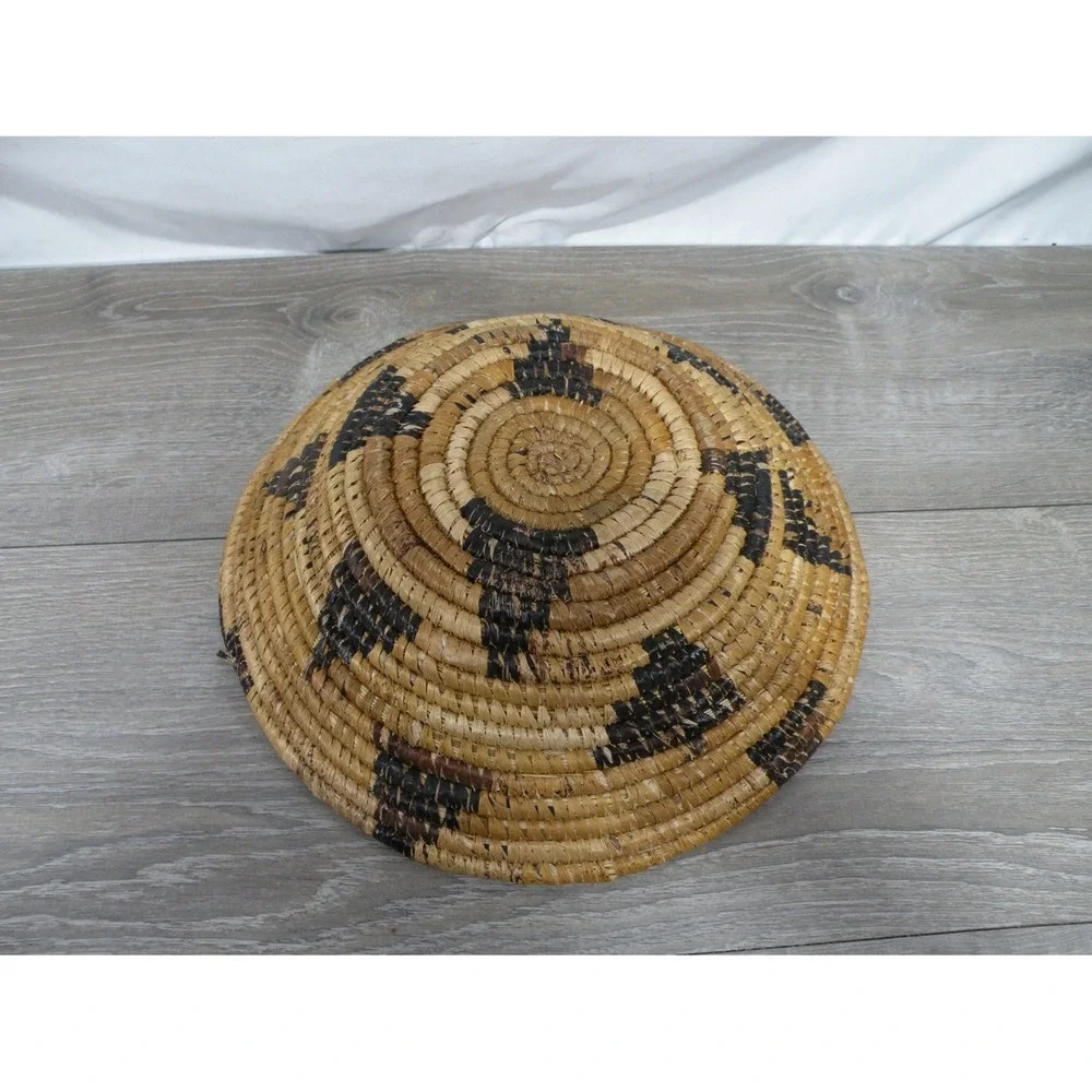Handwoven Coiled Natural Fiber Lidded Basket 14 in Southwestern Geometric Decor